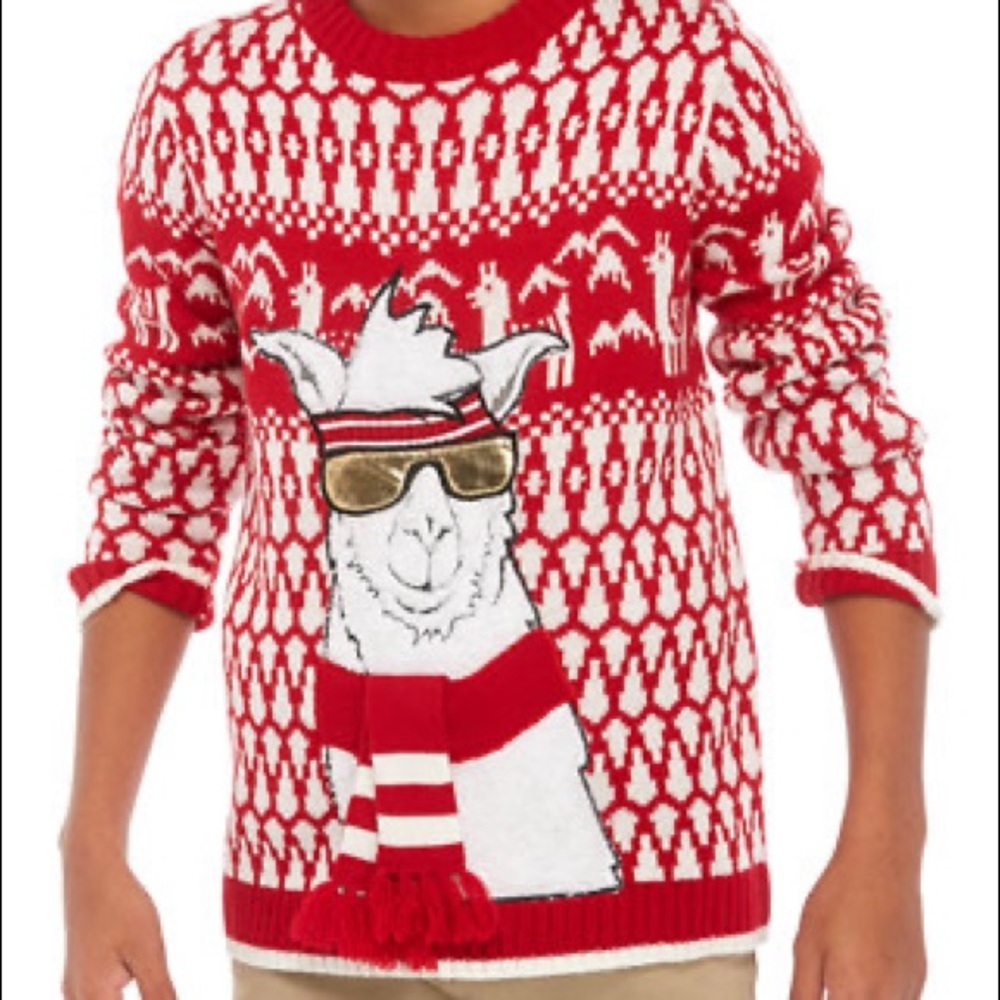 Joyland junior large pullover llama sunglasses scarf holiday sweater round neck
